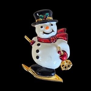 Vtg Joan Rivers Enamel Snowman Skiing Gold Tone Brooch HTF Holiday Christmas Pin